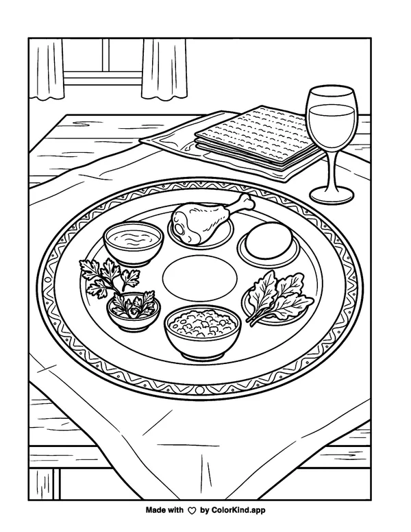 Seder Plate as clean black-and-white printable line art made by ColorKind