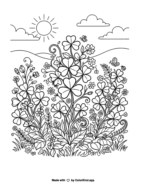 Shamrocks as clean black-and-white printable line art made by ColorKind