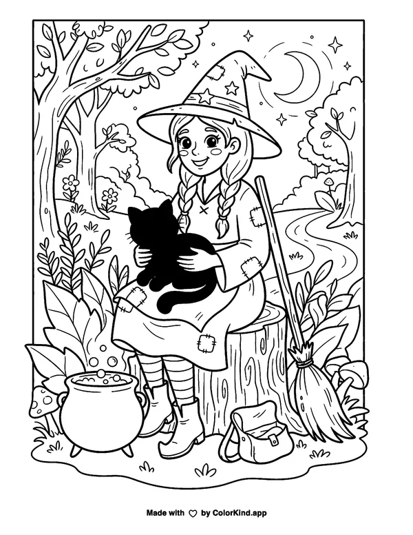 Sitting Witch as clean black-and-white printable line art made by ColorKind