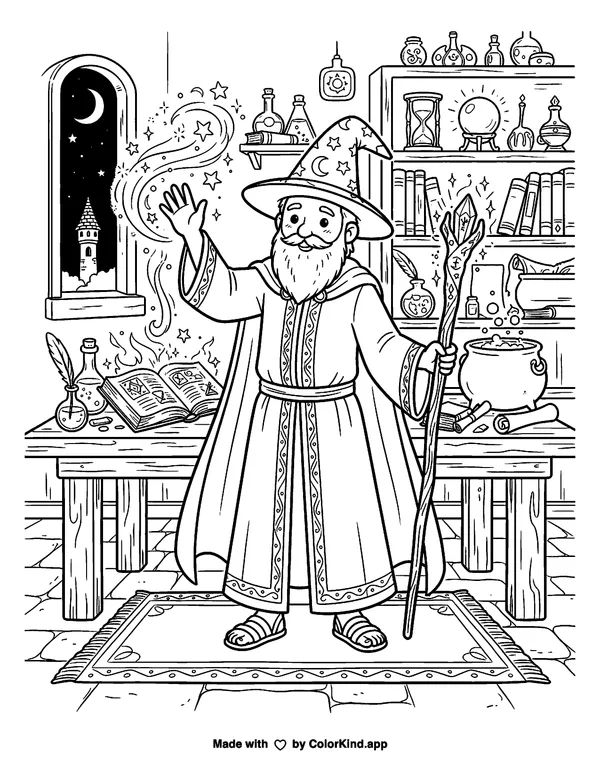 Sorcerer as clean black-and-white printable line art made by ColorKind
