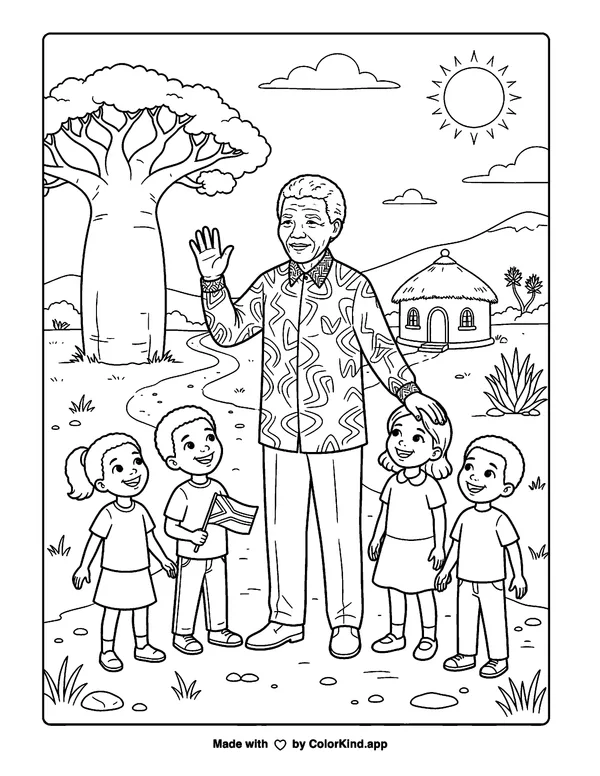 South Africa President - Nelson Mandela as clean black-and-white printable line art made by ColorKind