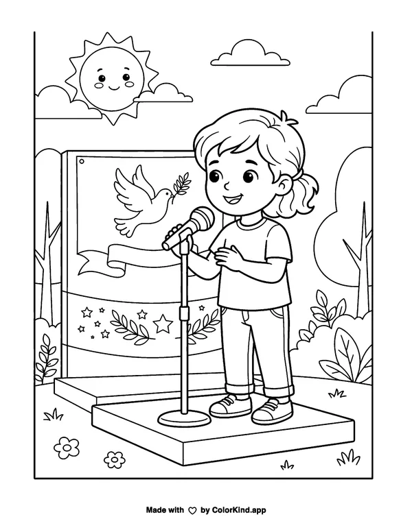 Child Speaking at a Peace Rally as clean black-and-white printable line art made by ColorKind
