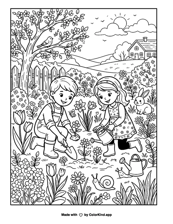 Spring Things as clean black-and-white printable line art made by ColorKind