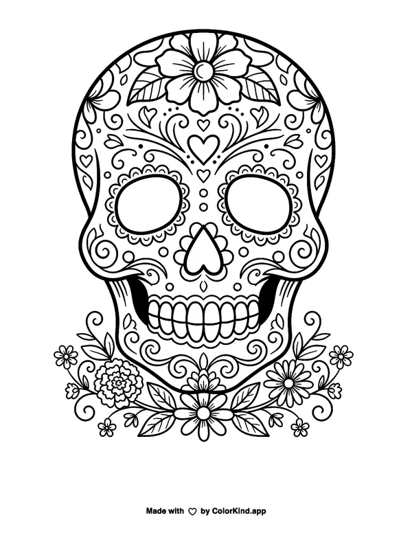 Sugar Skull as clean black-and-white printable line art made by ColorKind