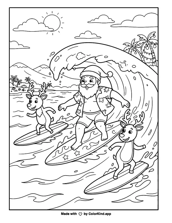 Surfing Santa and Reindeer as clean black-and-white printable line art made by ColorKind