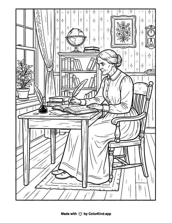 Susan B. Anthony as clean black-and-white printable line art made by ColorKind