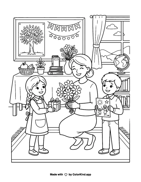 Teacher Appreciation Day as clean black-and-white printable line art made by ColorKind