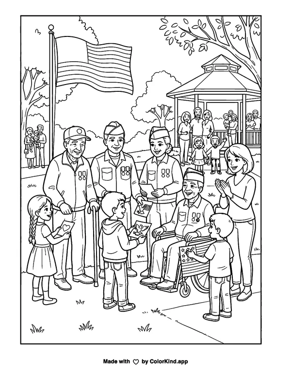 Thank You Veterans as clean black-and-white printable line art made by ColorKind