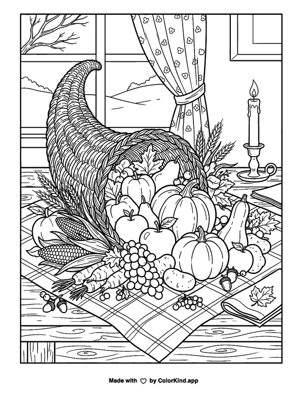 Thanksgiving Cornucopia as clean black-and-white printable line art made by ColorKind