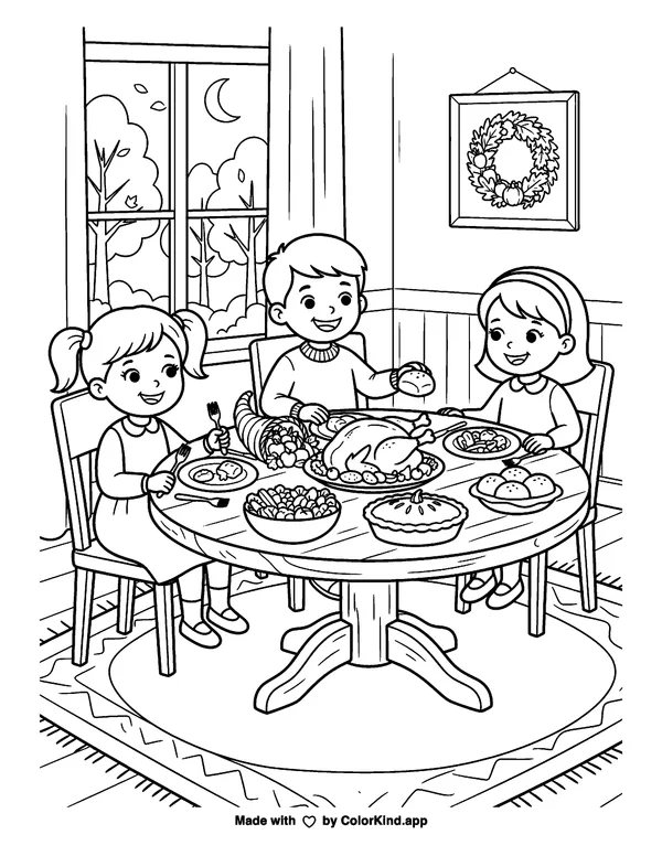 Thanksgiving Feast as clean black-and-white printable line art made by ColorKind