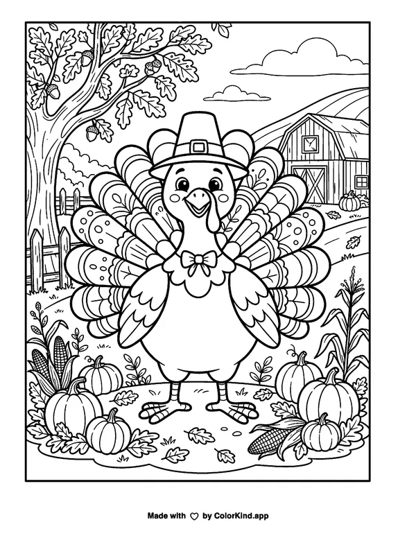 Thanksgiving Turkey Cartoon as clean black-and-white printable line art made by ColorKind