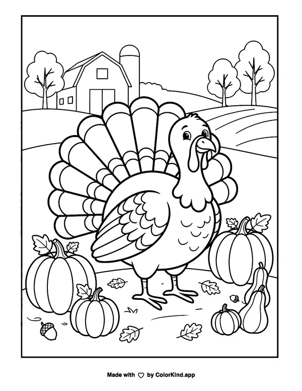 Thanksgiving Turkey with Pumpkins as clean black-and-white printable line art made by ColorKind