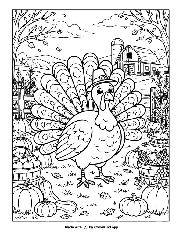 Thanksgiving Turkey as clean black-and-white printable line art made by ColorKind