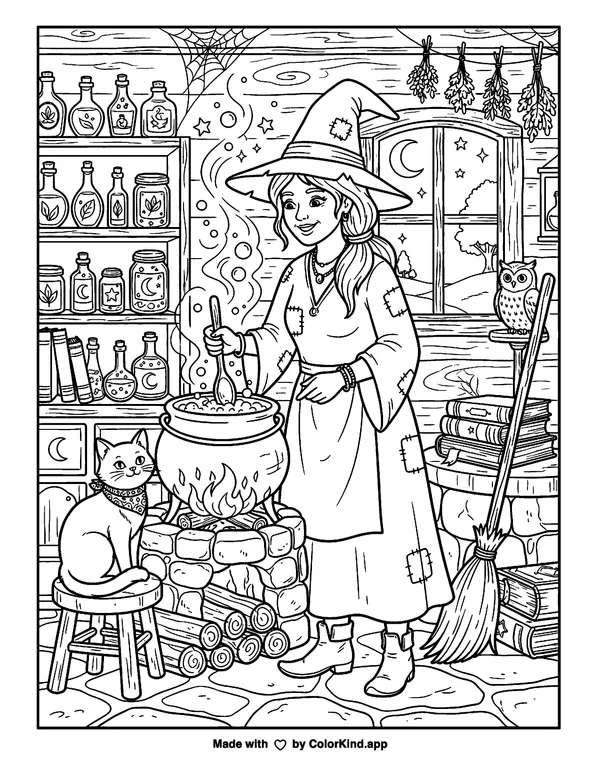 The Witch as clean black-and-white printable line art made by ColorKind