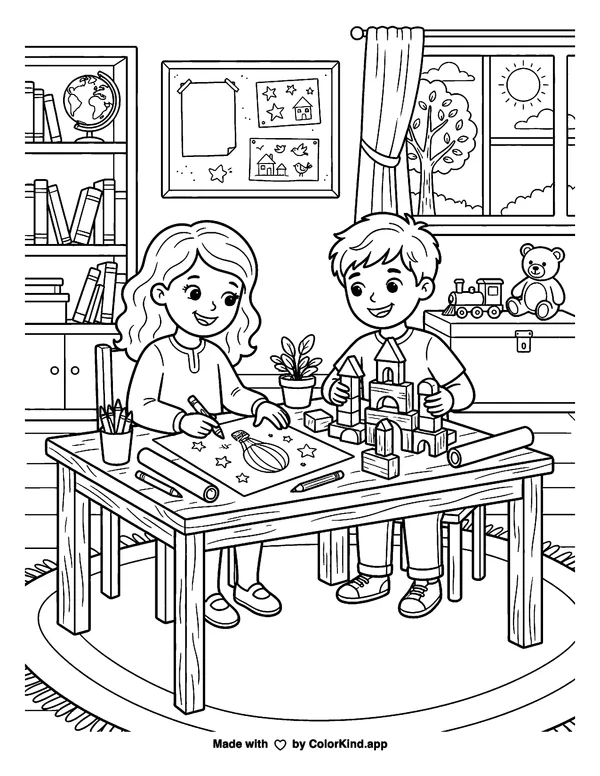 Children Drawing and Building Blocks as clean black-and-white printable line art made by ColorKind