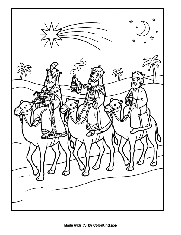Three Kings as clean black-and-white printable line art made by ColorKind