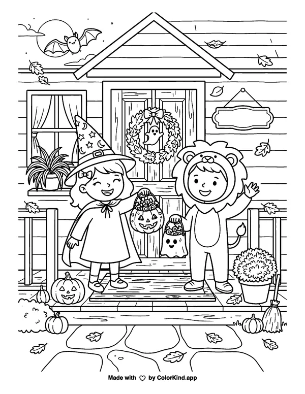 Trick or Treat as clean black-and-white printable line art made by ColorKind