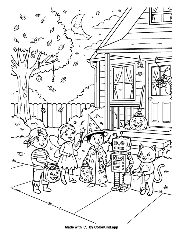 Tricking for Treats as clean black-and-white printable line art made by ColorKind