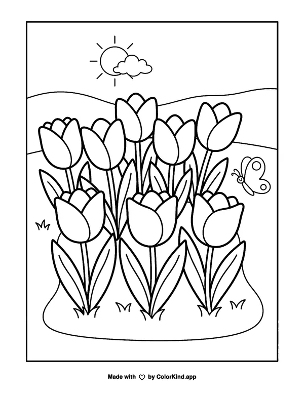 Tulips as clean black-and-white printable line art made by ColorKind
