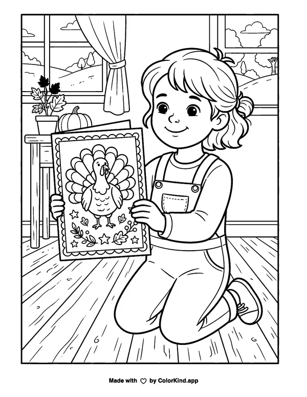 Turkey Card as clean black-and-white printable line art made by ColorKind