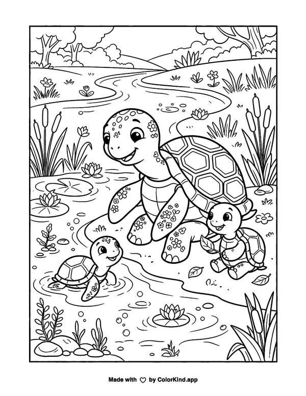 Turtle Mommy as clean black-and-white printable line art made by ColorKind