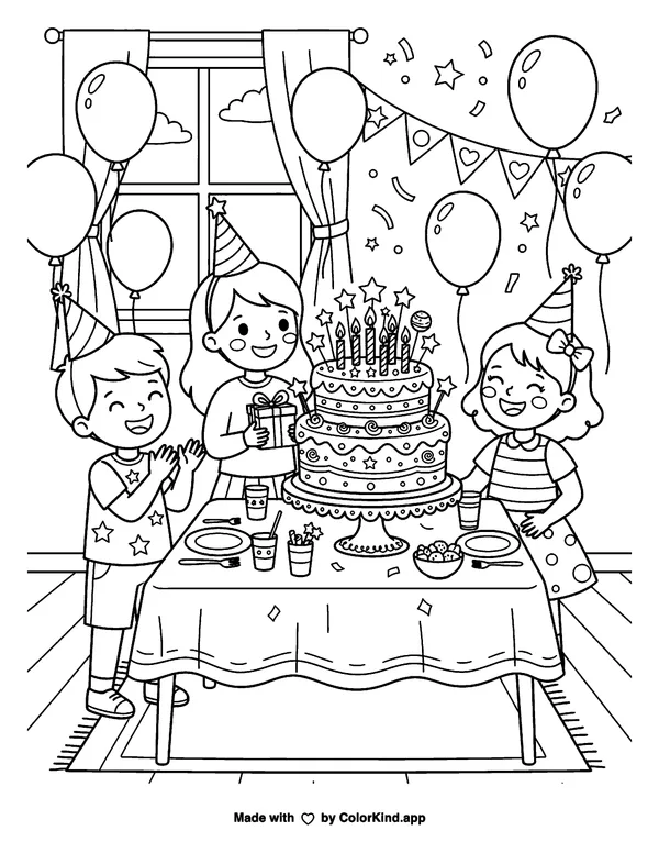 Two-Tiered Birthday Cake Celebration as clean black-and-white printable line art made by ColorKind