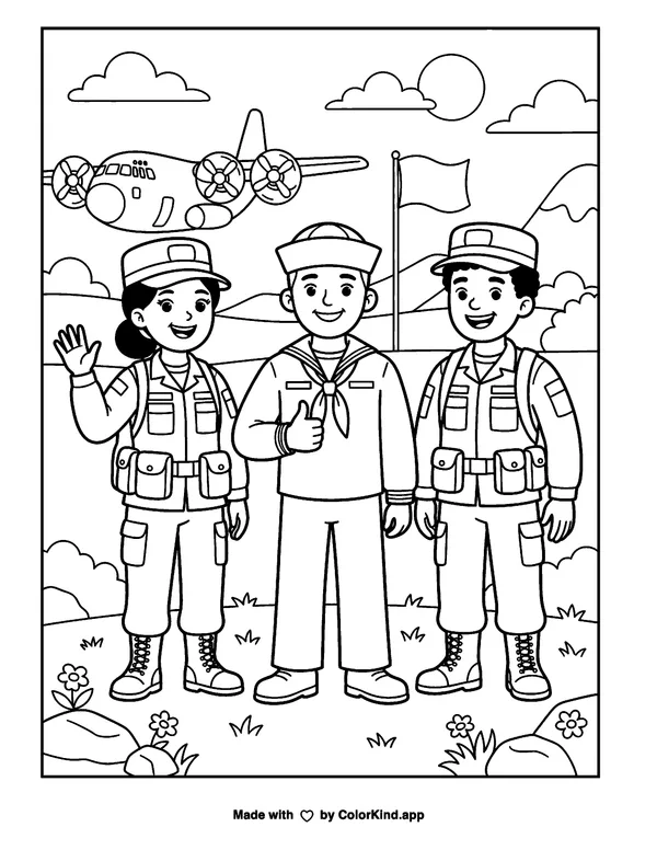 US Armed Forces as clean black-and-white printable line art made by ColorKind