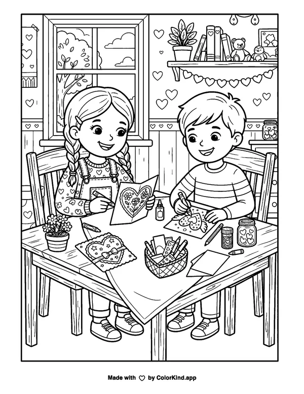 Valentine Card as clean black-and-white printable line art made by ColorKind