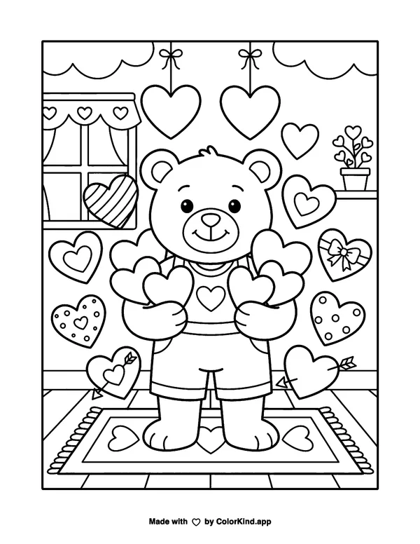 Valentine Hearts as clean black-and-white printable line art made by ColorKind