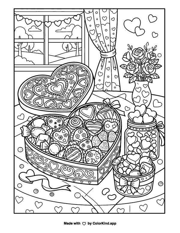 Valentine's Candy as clean black-and-white printable line art made by ColorKind