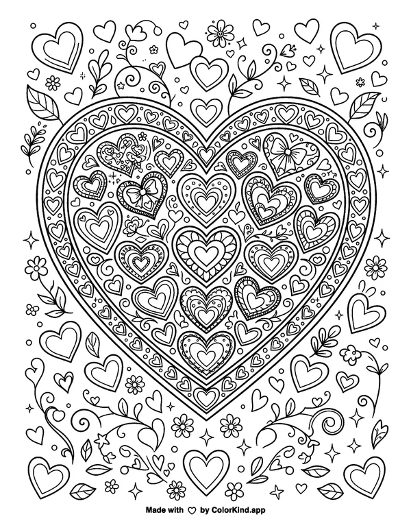 Valentine's Hearts in Hearts as clean black-and-white printable line art made by ColorKind