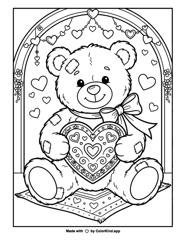 Valentine's Teddy Bear as clean black-and-white printable line art made by ColorKind