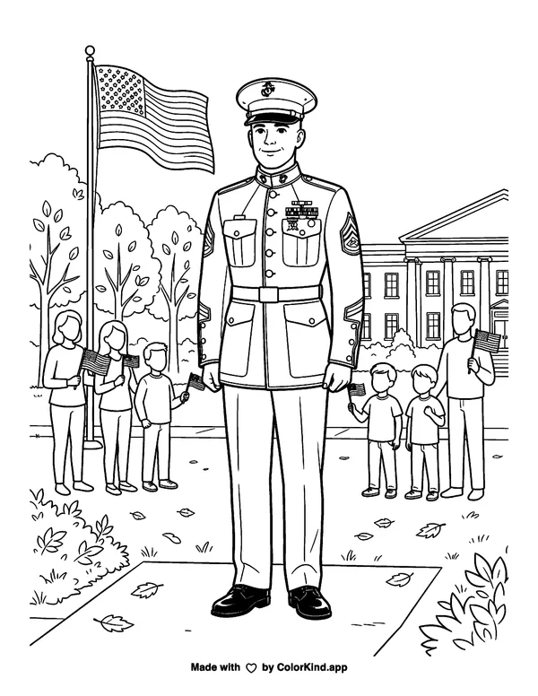 Veterans Day Marine as clean black-and-white printable line art made by ColorKind