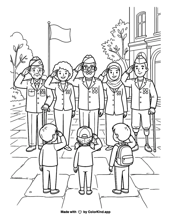 We Salute Our Veterans as clean black-and-white printable line art made by ColorKind