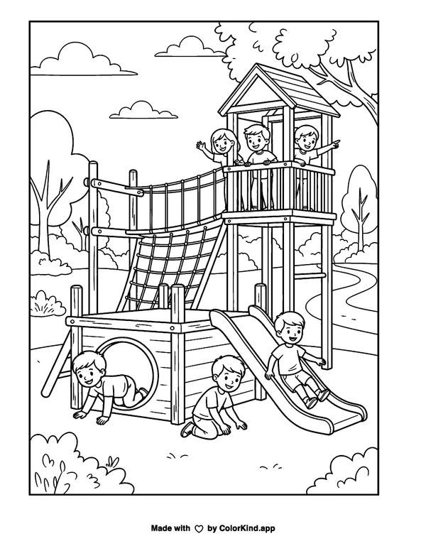 Children Playing at the Playground as clean black-and-white printable line art made by ColorKind