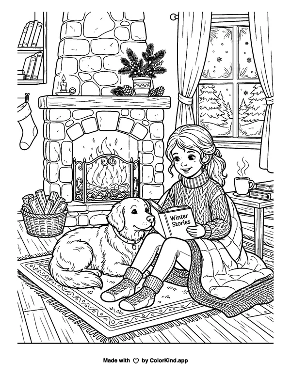 Winter Warmth as clean black-and-white printable line art made by ColorKind