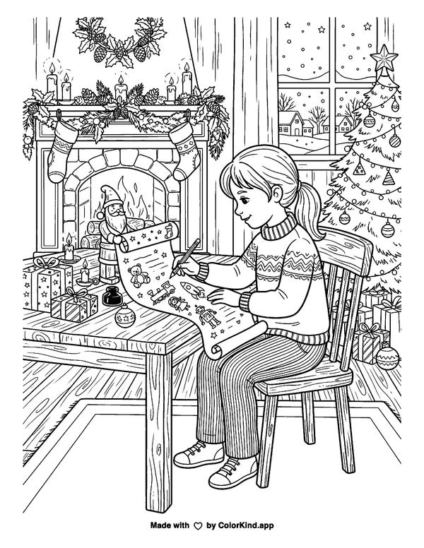 Wish List to Santa as clean black-and-white printable line art made by ColorKind