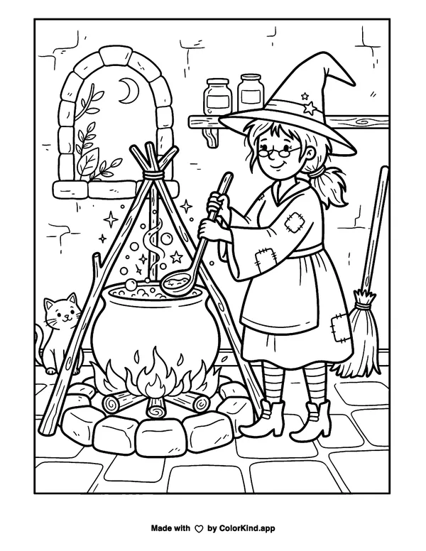 Witch and Her Cauldron as clean black-and-white printable line art made by ColorKind