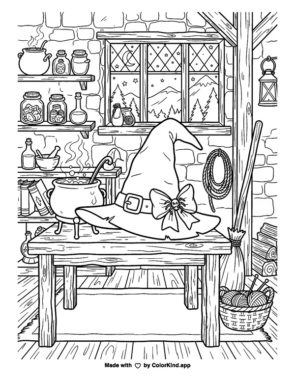 Witch's Hat as clean black-and-white printable line art made by ColorKind