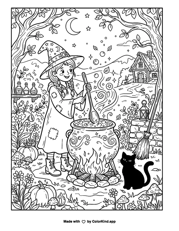 Witch as clean black-and-white printable line art made by ColorKind