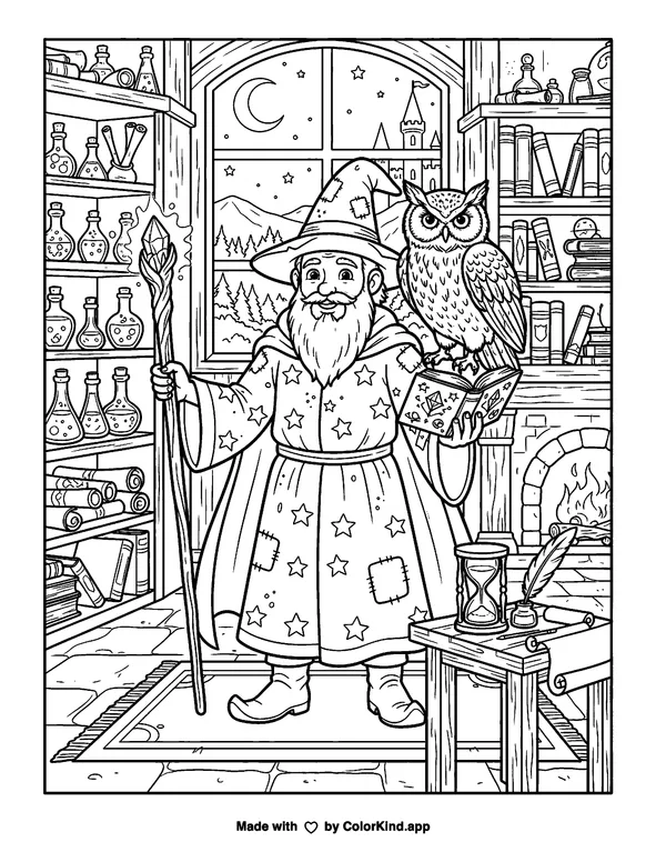 Wizard and His Owl as clean black-and-white printable line art made by ColorKind