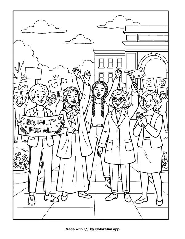 Women's Equality Day as clean black-and-white printable line art made by ColorKind