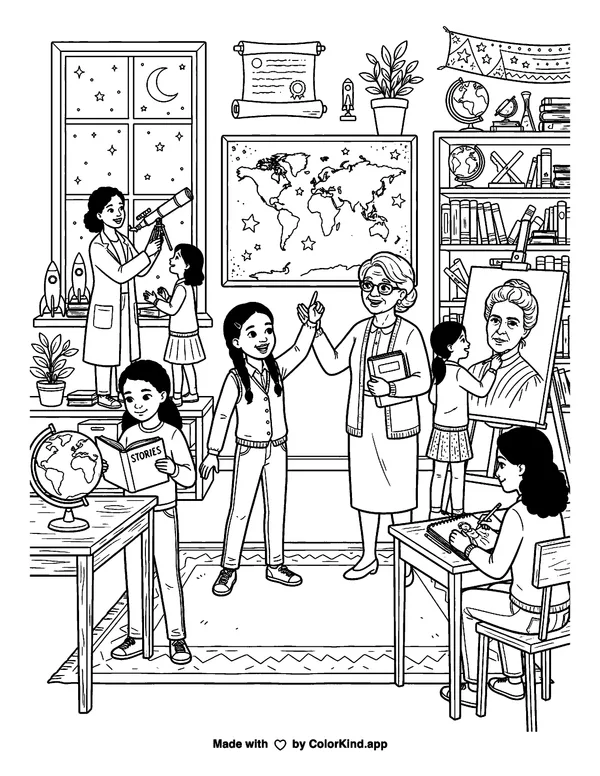 Women's History Month as clean black-and-white printable line art made by ColorKind