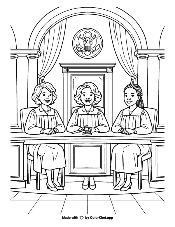 Women Supreme Court Justices as clean black-and-white printable line art made by ColorKind