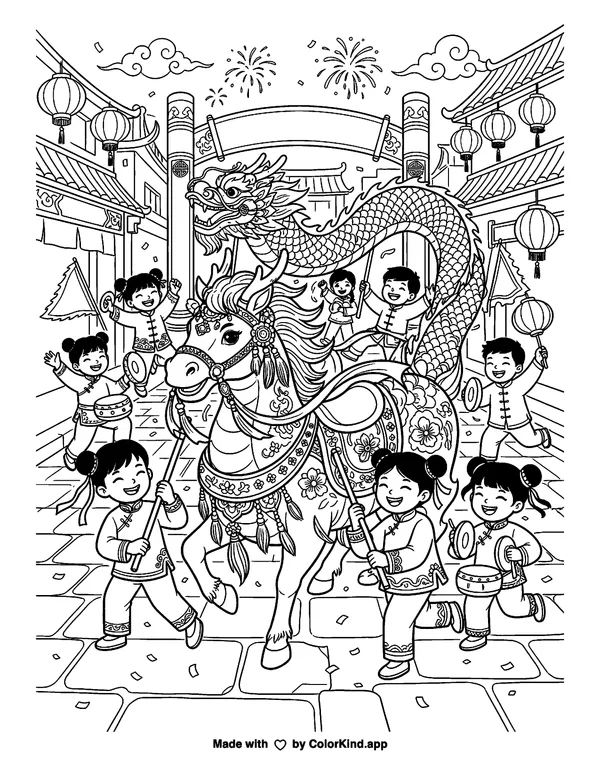 Year of the Horse as clean black-and-white printable line art made by ColorKind