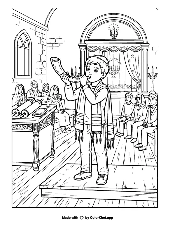 Yom Kippur - Shofar as clean black-and-white printable line art made by ColorKind