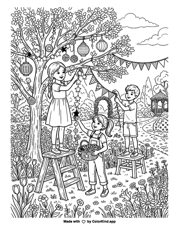 Young party helpers hanging handmade decorations in a flower-filled park as clean black-and-white printable line art made by ColorKind