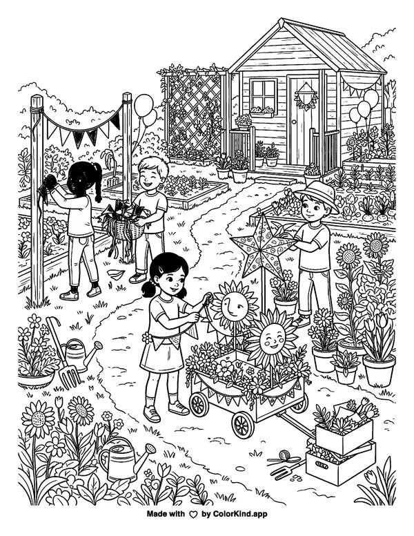 Young party helpers preparing a cheerful parade in a lively community garden as clean black-and-white printable line art made by ColorKind