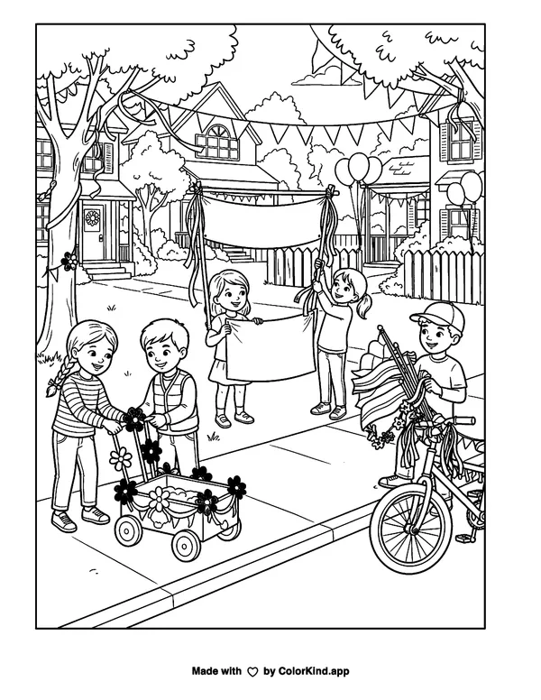 Young party helpers preparing a cheerful parade in a welcoming neighborhood as clean black-and-white printable line art made by ColorKind