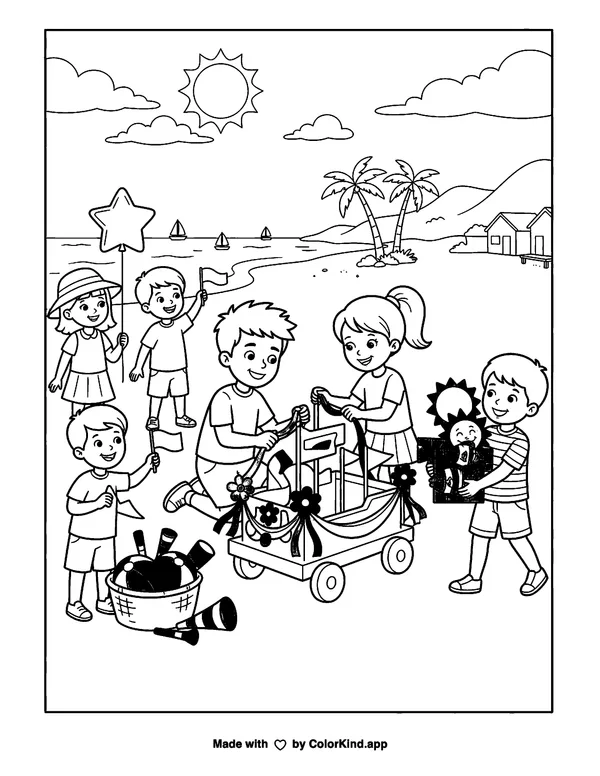 Young party helpers preparing a cheerful parade near a sunny beach as clean black-and-white printable line art made by ColorKind